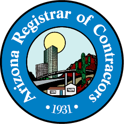 Logo of Arizona Registrar of Contractors featuring a sun, cityscape, and desert landscape.