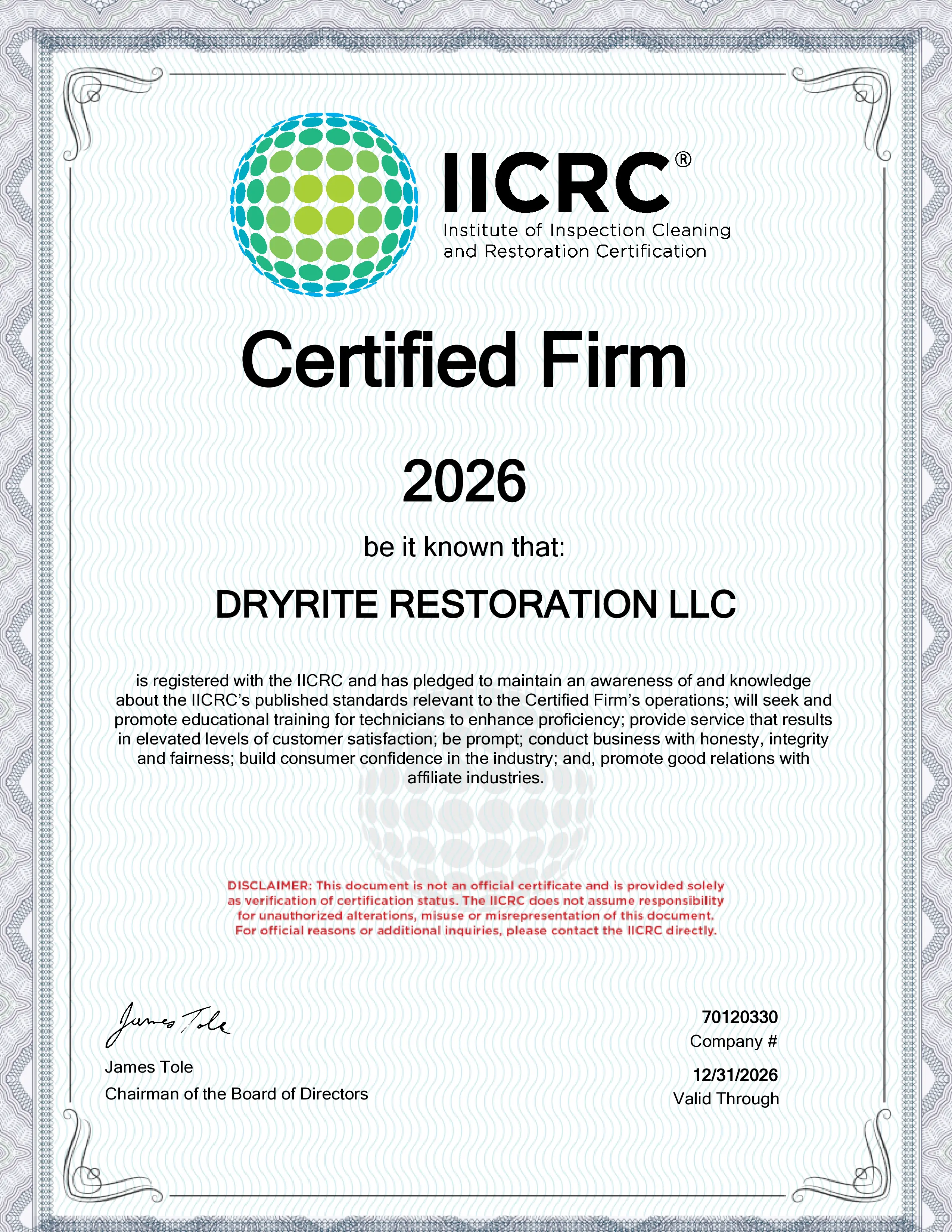 IICRC Certified Firm – Restoration Services 2026